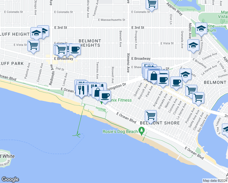 map of restaurants, bars, coffee shops, grocery stores, and more near 113A Bennett Avenue in Long Beach