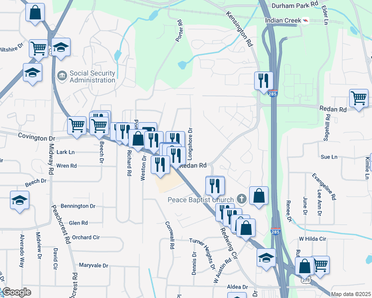 map of restaurants, bars, coffee shops, grocery stores, and more near 1147 Longshore Drive in Decatur