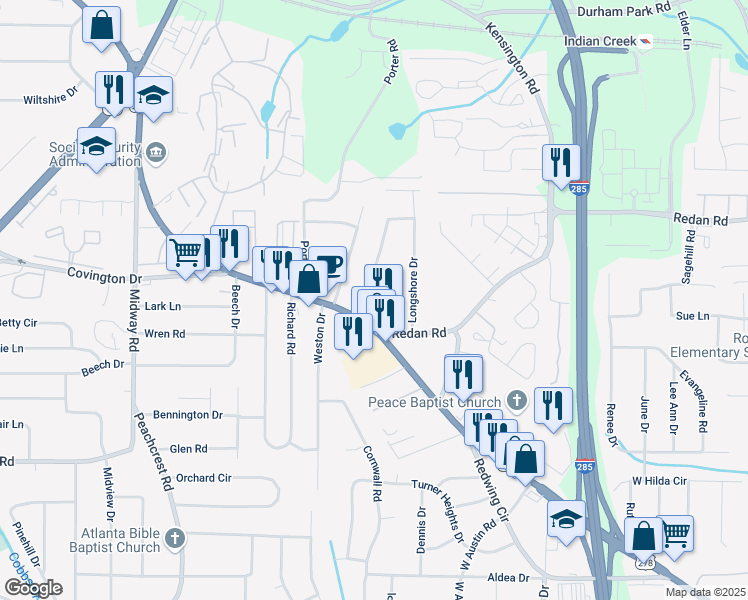 map of restaurants, bars, coffee shops, grocery stores, and more near 1146 Canal Street in Decatur