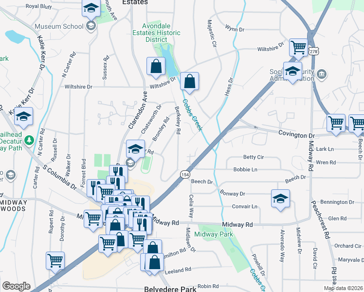 map of restaurants, bars, coffee shops, grocery stores, and more near 1190 Hess Drive in Avondale Estates