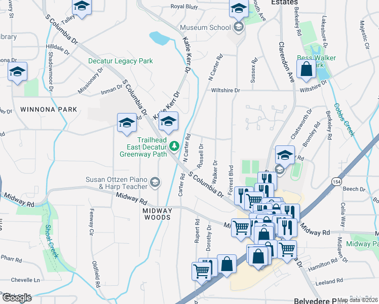 map of restaurants, bars, coffee shops, grocery stores, and more near 1169 Russell Drive in Decatur