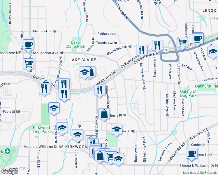 map of restaurants, bars, coffee shops, grocery stores, and more near 2018 Presley Way Northeast in Atlanta