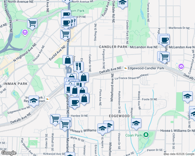 map of restaurants, bars, coffee shops, grocery stores, and more near in Atlanta