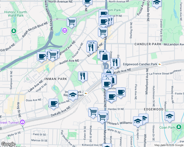 map of restaurants, bars, coffee shops, grocery stores, and more near 233 Haralson Avenue Northeast in Atlanta