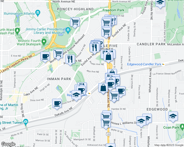 map of restaurants, bars, coffee shops, grocery stores, and more near 231 Degress Avenue Northeast in Atlanta