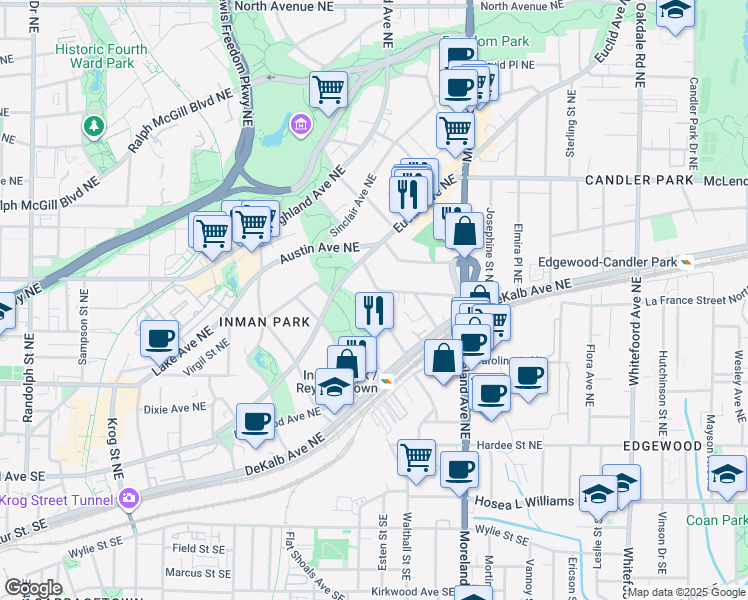 map of restaurants, bars, coffee shops, grocery stores, and more near 231 Degress Avenue Northeast in Atlanta