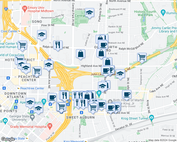 map of restaurants, bars, coffee shops, grocery stores, and more near 375 Highland Avenue Northeast in Atlanta