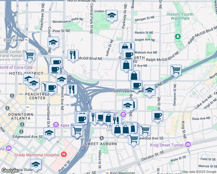 map of restaurants, bars, coffee shops, grocery stores, and more near 375 Highland Avenue Northeast in Atlanta