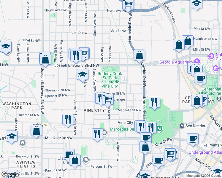 map of restaurants, bars, coffee shops, grocery stores, and more near 217 Vine Street Northwest in Atlanta