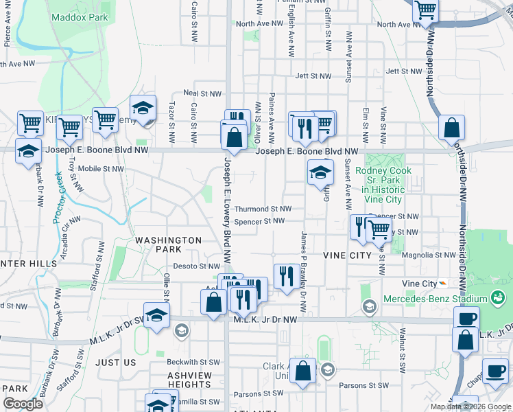 map of restaurants, bars, coffee shops, grocery stores, and more near 861 Thurmond Street Northwest in Atlanta