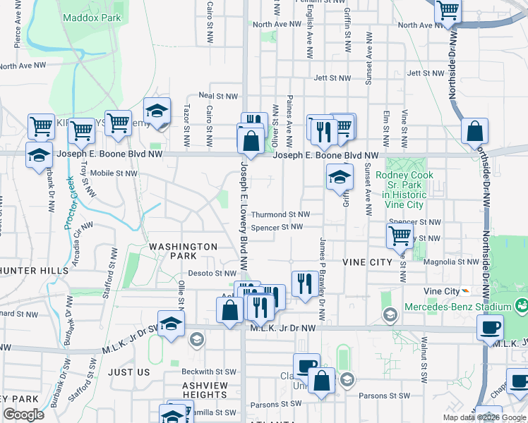 map of restaurants, bars, coffee shops, grocery stores, and more near 891 Thurmond Street Northwest in Atlanta