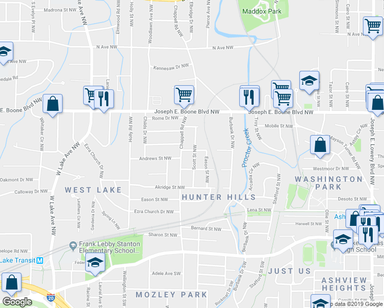 map of restaurants, bars, coffee shops, grocery stores, and more near 195 Scott Street Northwest in Atlanta