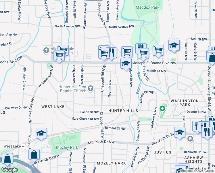 map of restaurants, bars, coffee shops, grocery stores, and more near 198 Scott Street Northwest in Atlanta