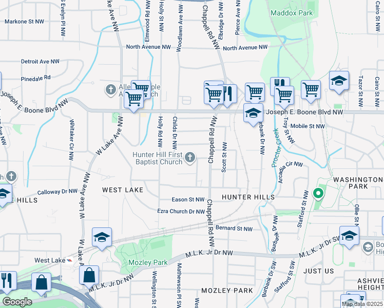 map of restaurants, bars, coffee shops, grocery stores, and more near 1437 Andrews Street Northwest in Atlanta