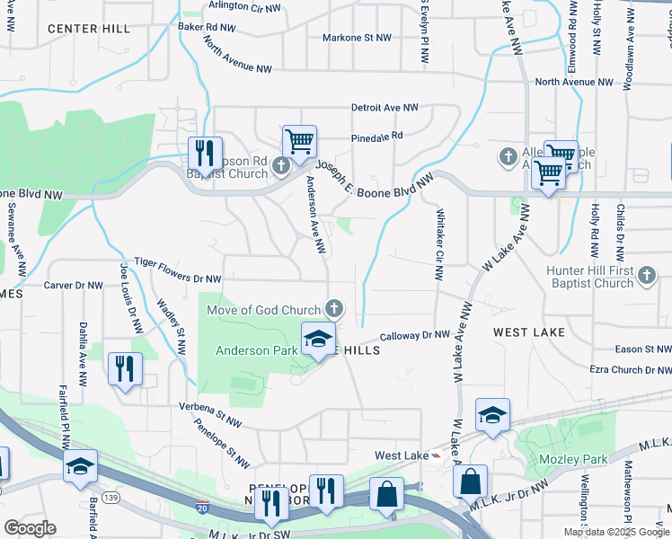 map of restaurants, bars, coffee shops, grocery stores, and more near 209 Anderson Avenue Northwest in Atlanta
