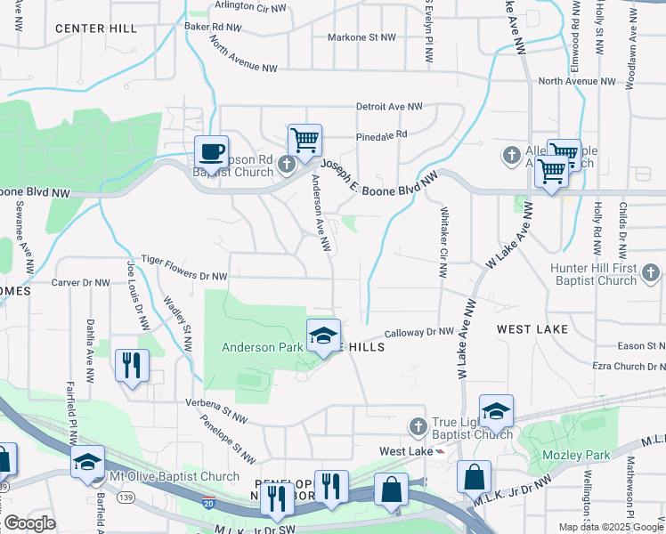 map of restaurants, bars, coffee shops, grocery stores, and more near 209 Anderson Avenue Northwest in Atlanta