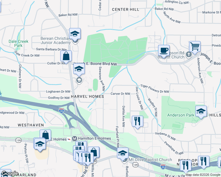 map of restaurants, bars, coffee shops, grocery stores, and more near 2328 Tiger Flowers Drive Northwest in Atlanta