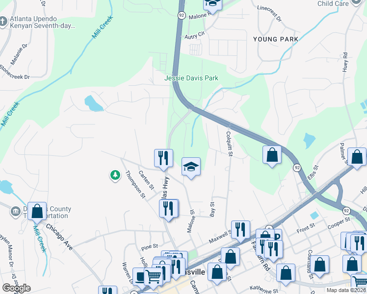 map of restaurants, bars, coffee shops, grocery stores, and more near in Douglasville