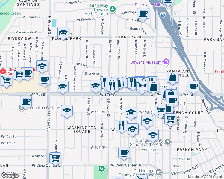 map of restaurants, bars, coffee shops, grocery stores, and more near 1715N North Flower Street in Santa Ana