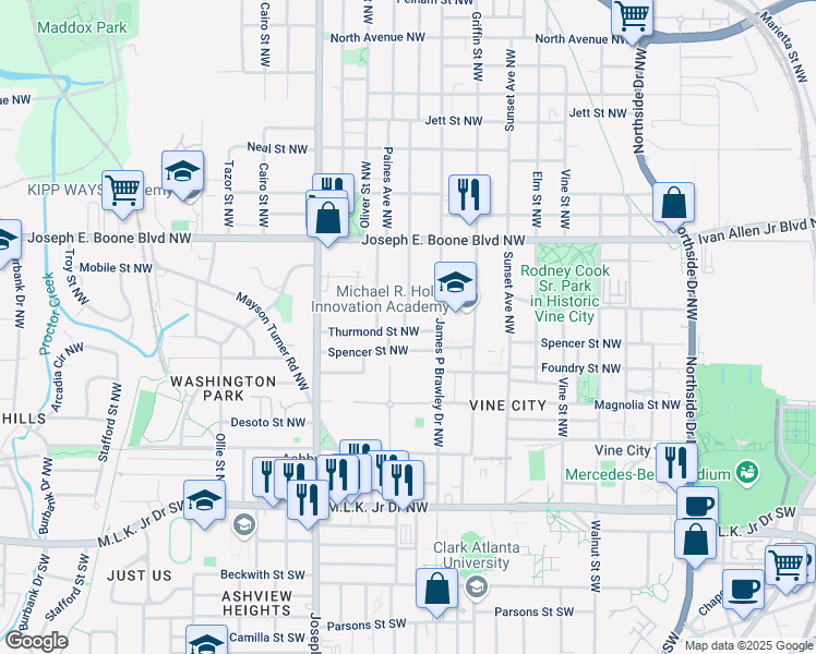 map of restaurants, bars, coffee shops, grocery stores, and more near 811 Thurmond Street Northwest in Atlanta