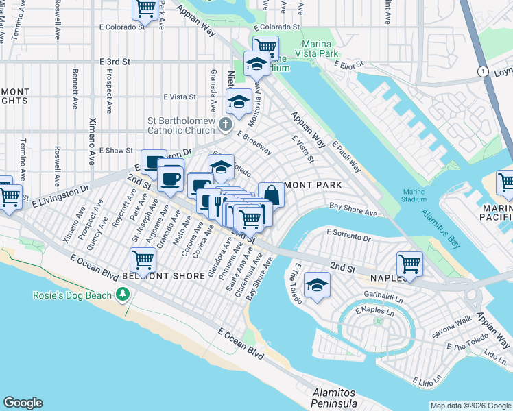 map of restaurants, bars, coffee shops, grocery stores, and more near 231 Pomona Avenue in Long Beach
