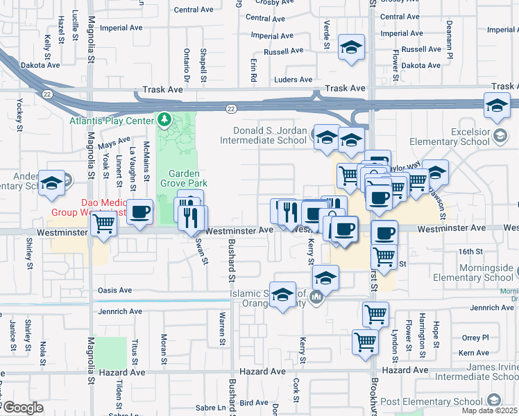 map of restaurants, bars, coffee shops, grocery stores, and more near 13902 Erin Street in Garden Grove