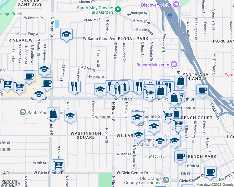 map of restaurants, bars, coffee shops, grocery stores, and more near 1715N North Flower Street in Santa Ana