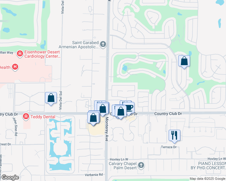 map of restaurants, bars, coffee shops, grocery stores, and more near 170 Vía Tramonto in Palm Desert