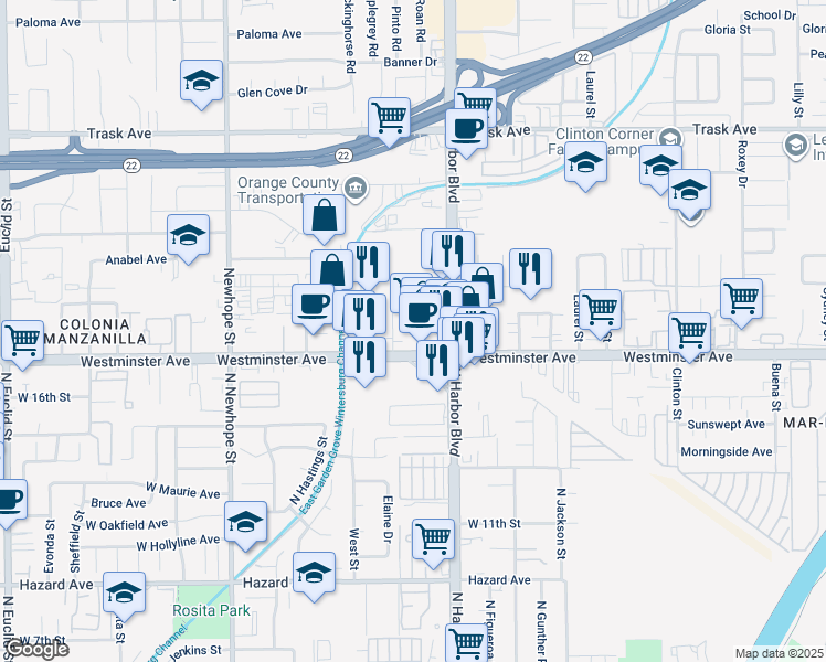map of restaurants, bars, coffee shops, grocery stores, and more near 13932 Seaboard Cir in Garden Grove