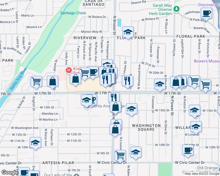 map of restaurants, bars, coffee shops, grocery stores, and more near 1702 North Bristol Street in Santa Ana