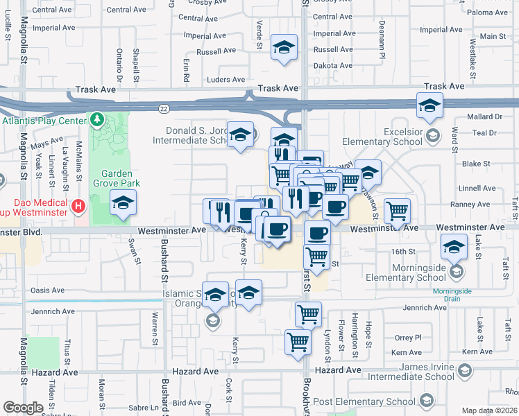 map of restaurants, bars, coffee shops, grocery stores, and more near 13970 La Jolla Plaza in Garden Grove