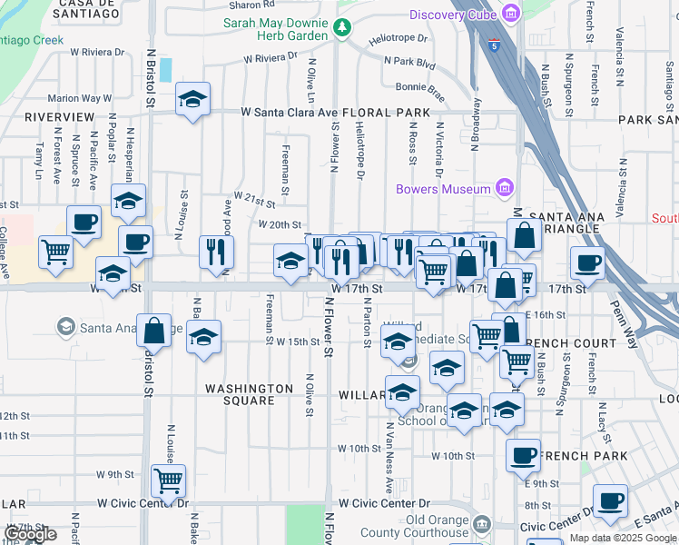 map of restaurants, bars, coffee shops, grocery stores, and more near 1715 North Flower Street in Santa Ana