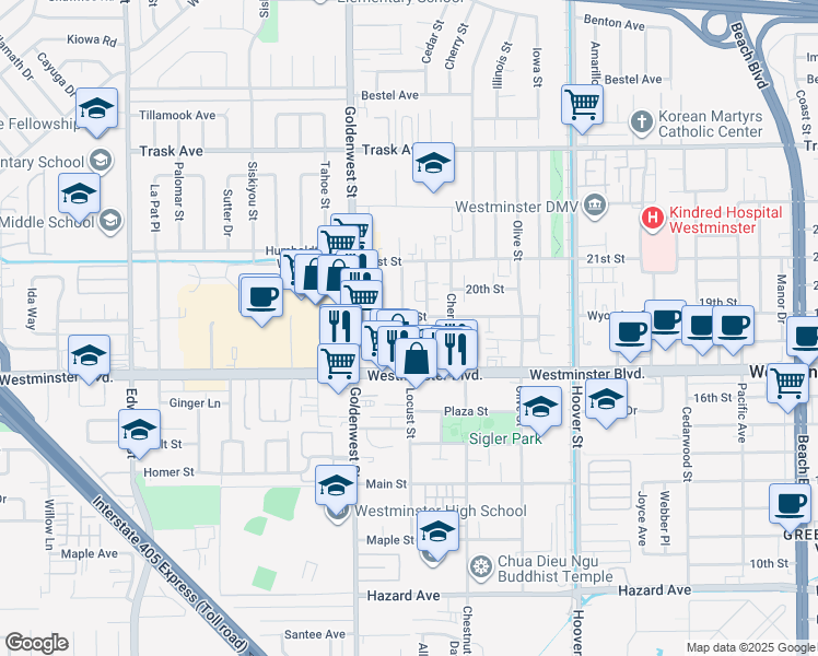 map of restaurants, bars, coffee shops, grocery stores, and more near 13872 Locust Street in Westminster