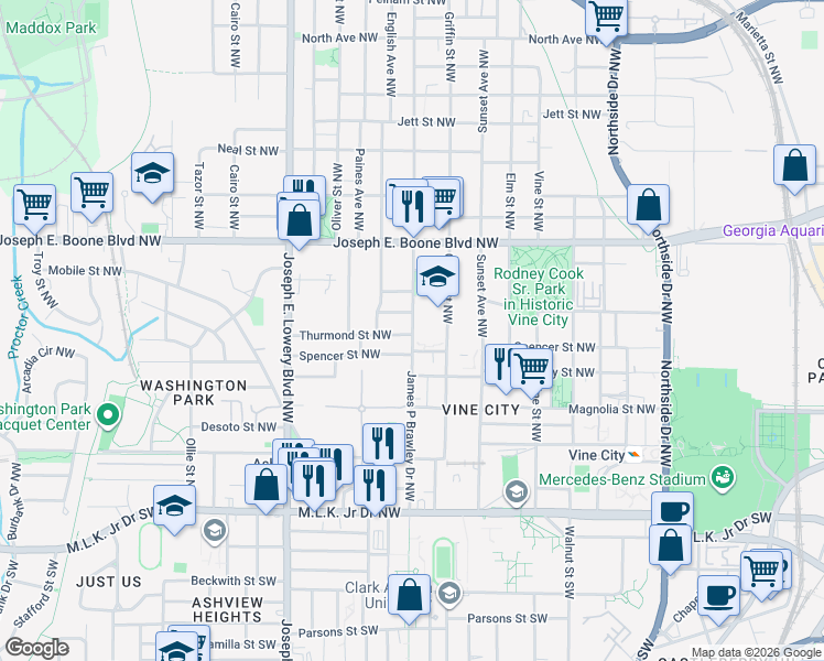 map of restaurants, bars, coffee shops, grocery stores, and more near 218 James P Brawley Drive Northwest in Atlanta