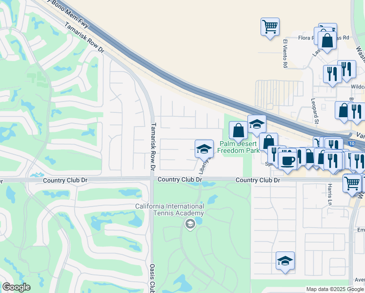 map of restaurants, bars, coffee shops, grocery stores, and more near 114 Batista Court in Palm Desert