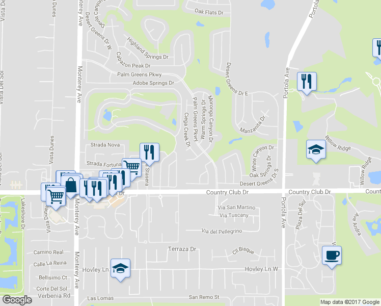 map of restaurants, bars, coffee shops, grocery stores, and more near 39565 Ciega Creek Drive in Palm Desert