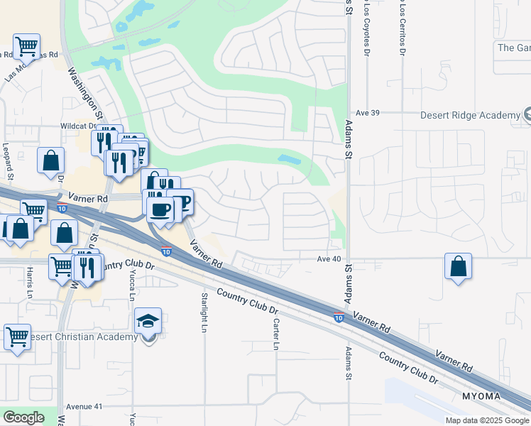 map of restaurants, bars, coffee shops, grocery stores, and more near 78721 Hampshire Avenue in Palm Desert