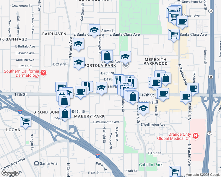 map of restaurants, bars, coffee shops, grocery stores, and more near 1595 17th Street in Santa Ana