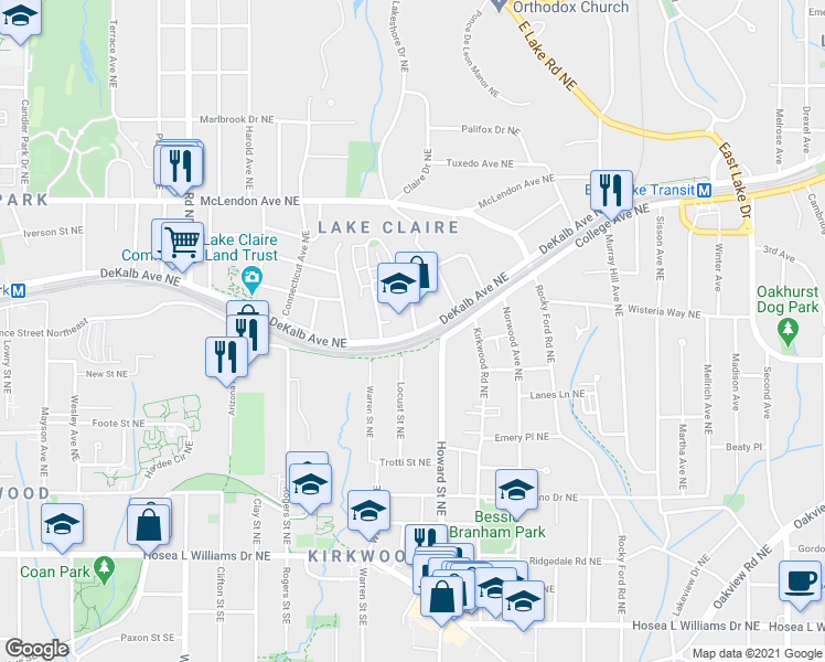 map of restaurants, bars, coffee shops, grocery stores, and more near 1900 Southerland Terrace Northeast in Atlanta