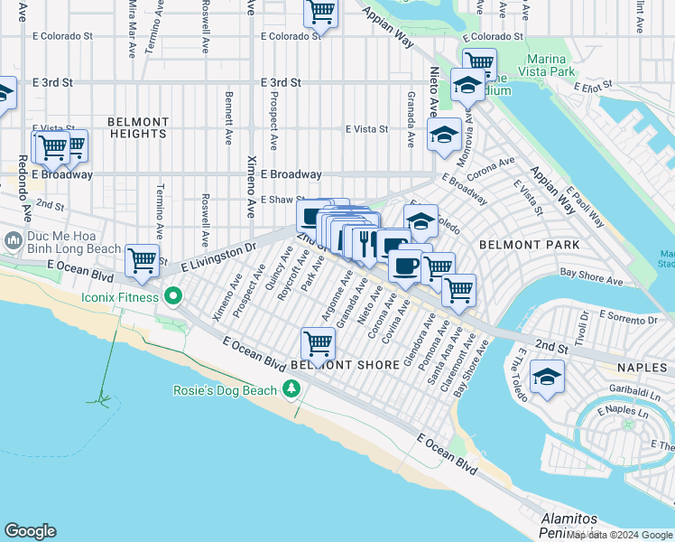 map of restaurants, bars, coffee shops, grocery stores, and more near Saint Joseph Avenue in Long Beach