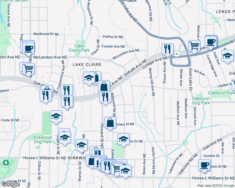 map of restaurants, bars, coffee shops, grocery stores, and more near 2028 Presley Way Northeast in Atlanta