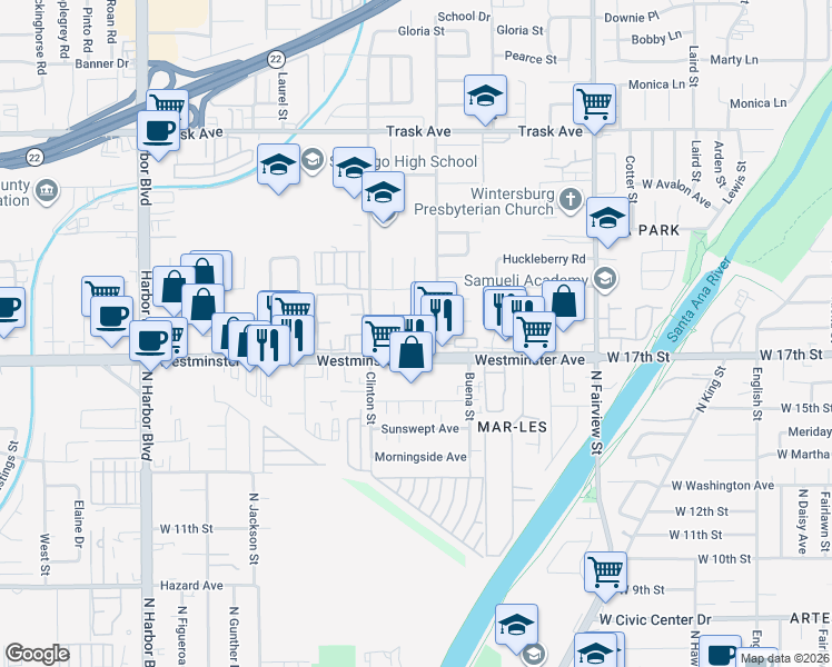 map of restaurants, bars, coffee shops, grocery stores, and more near 23114 Westminster Avenue in Santa Ana