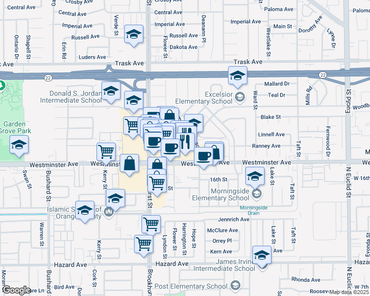 map of restaurants, bars, coffee shops, grocery stores, and more near 10131 Westminster Avenue in Garden Grove