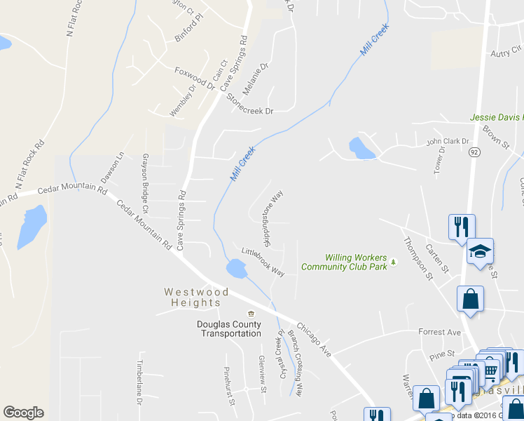 map of restaurants, bars, coffee shops, grocery stores, and more near 7093 Skippingstone Way in Douglasville