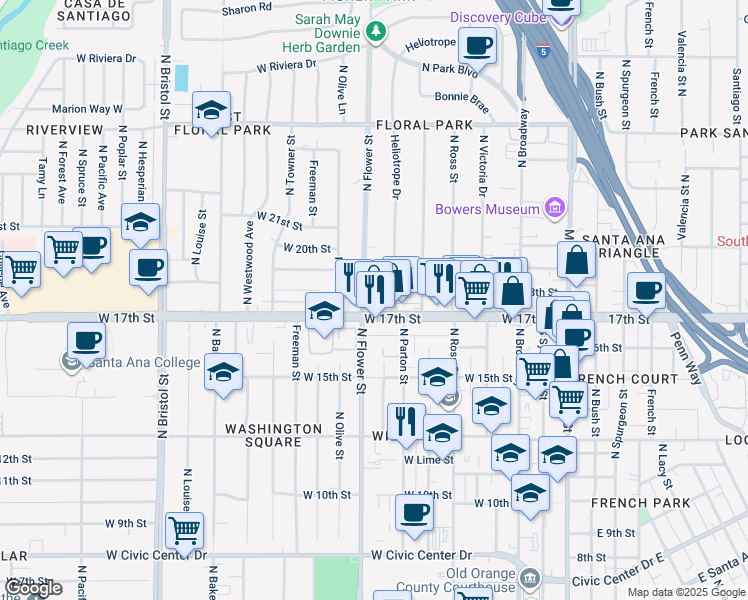 map of restaurants, bars, coffee shops, grocery stores, and more near 1715 North Flower Street in Santa Ana