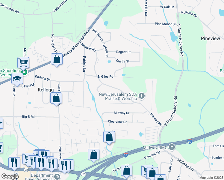 map of restaurants, bars, coffee shops, grocery stores, and more near 4289 Midway Road in Douglasville