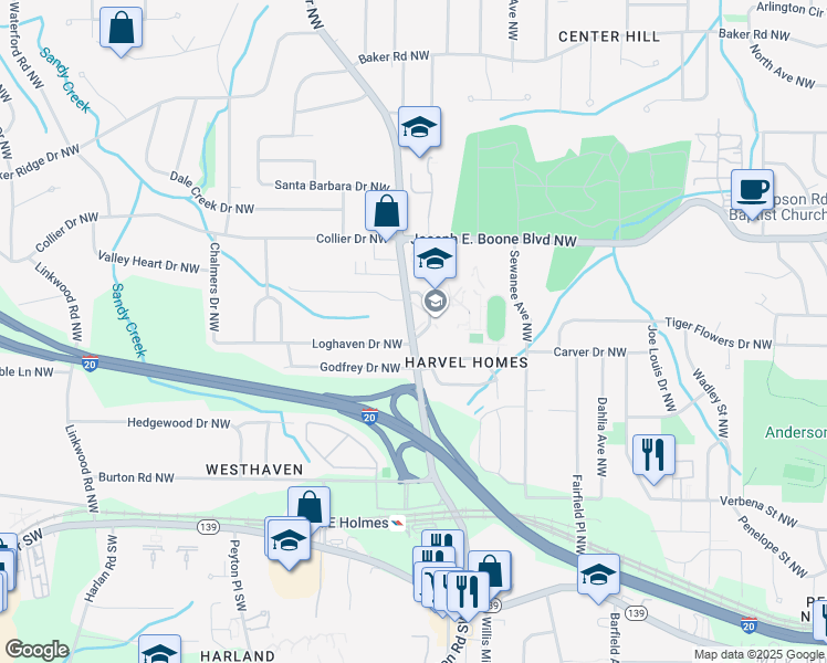 map of restaurants, bars, coffee shops, grocery stores, and more near 255 Hamilton E Holmes Drive Northwest in Atlanta