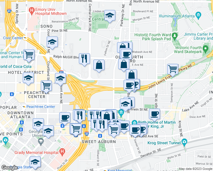 map of restaurants, bars, coffee shops, grocery stores, and more near 375 Highland Avenue Northeast in Atlanta