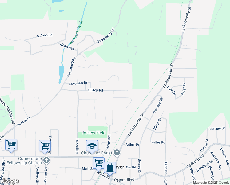 map of restaurants, bars, coffee shops, grocery stores, and more near 300 Hilltop Road in Weaver