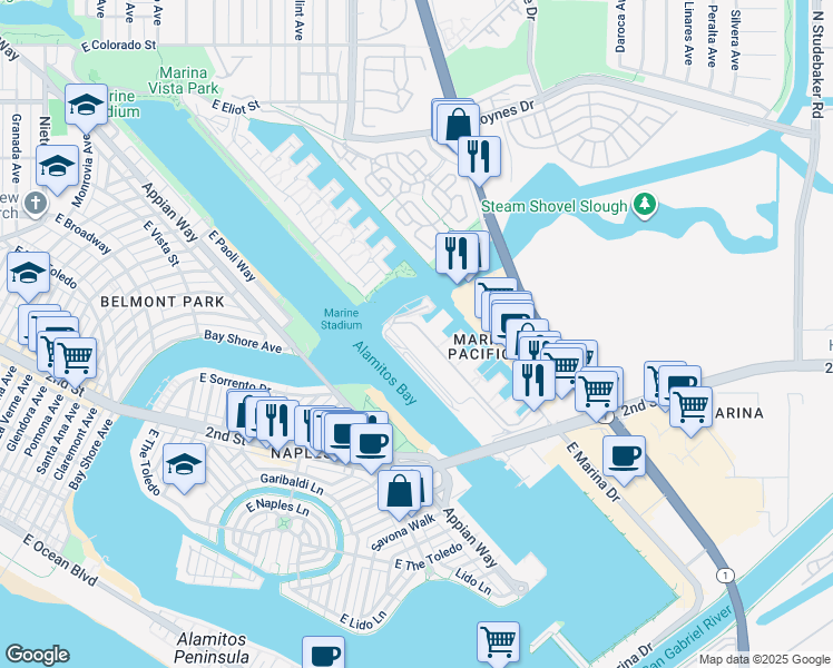 map of restaurants, bars, coffee shops, grocery stores, and more near 5104 Marina Pacifica Drive in Long Beach